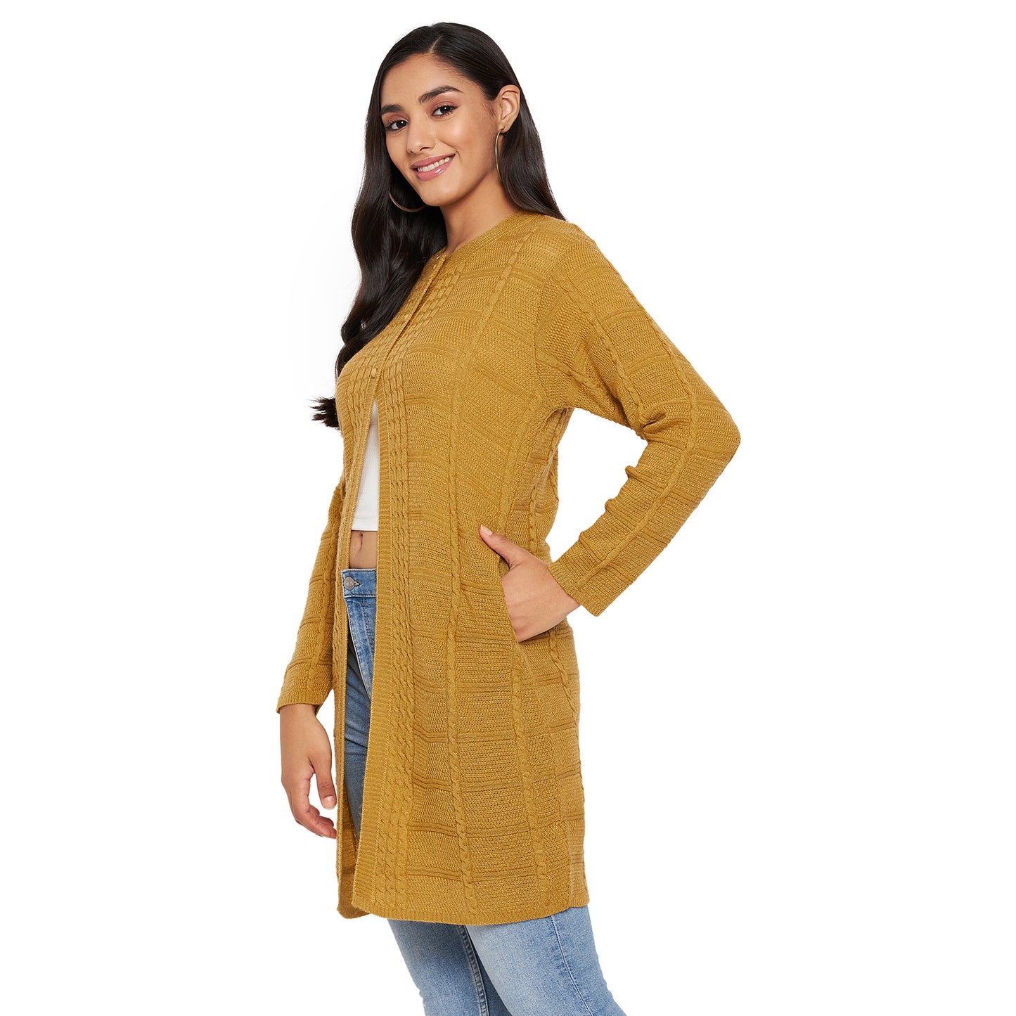 Wool Blend Round Neck Gold Long Shrug