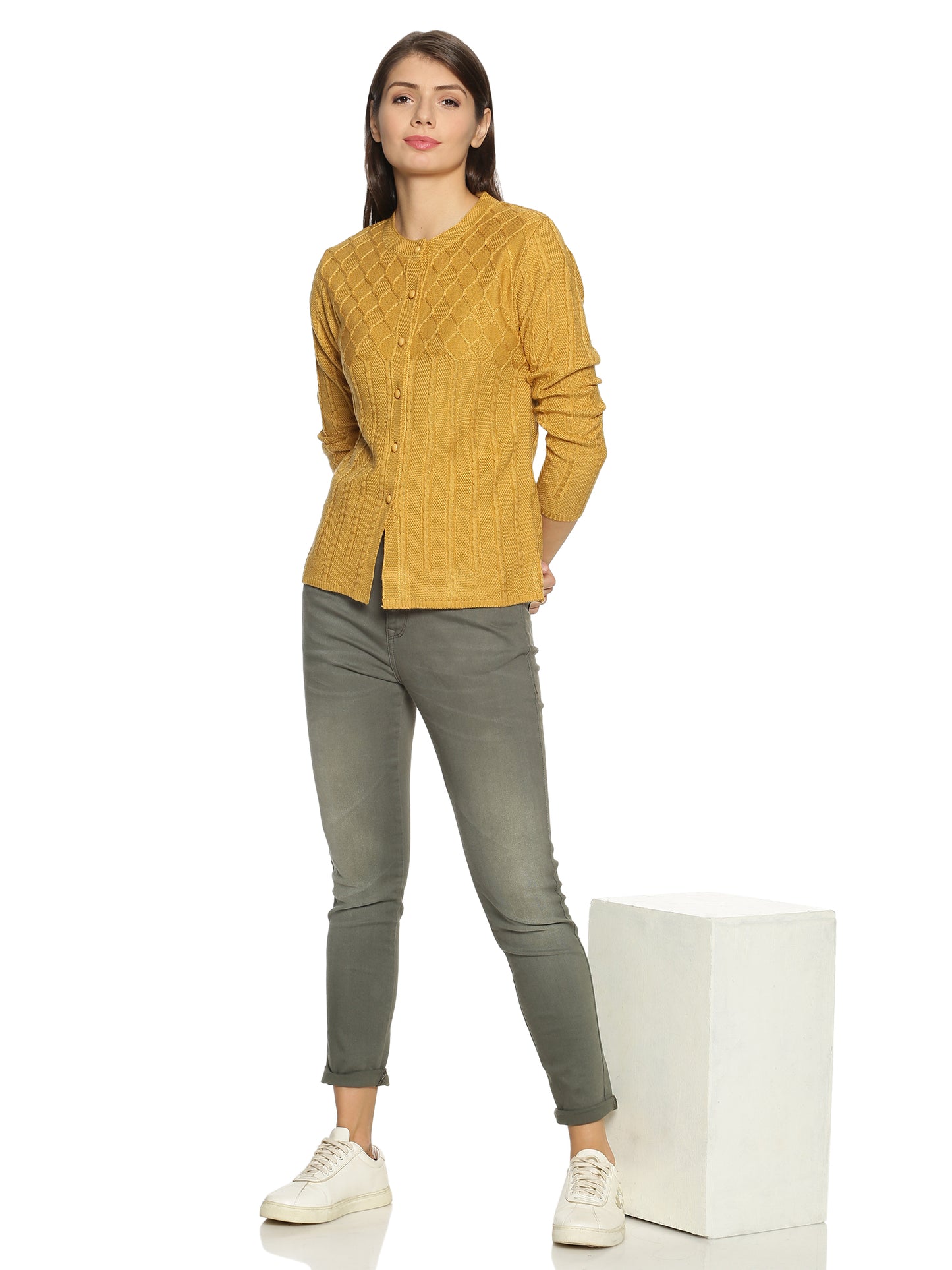Wool Blend Round Neck Musturd cardigan