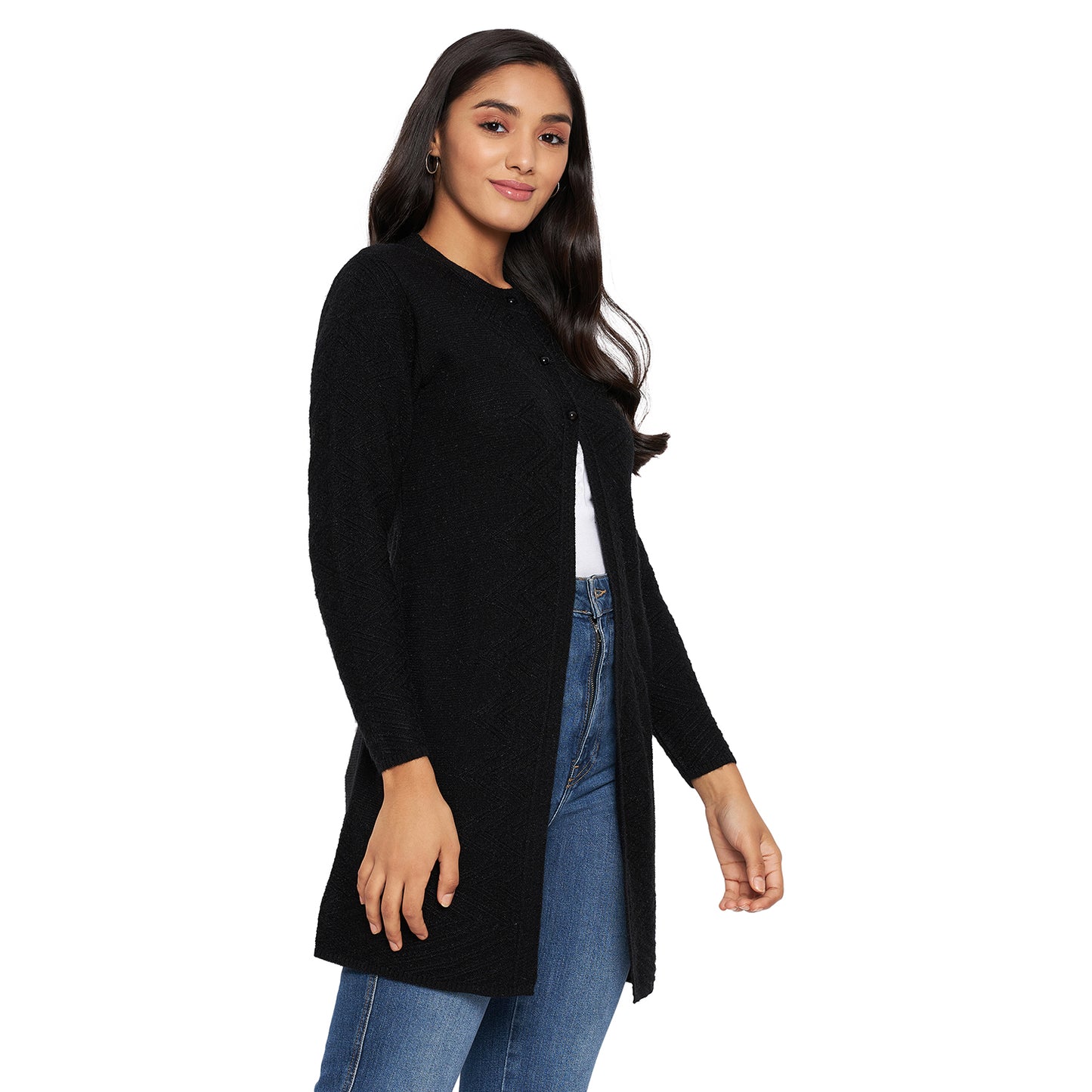 Wool Blend Round Neck Black Long Shrug