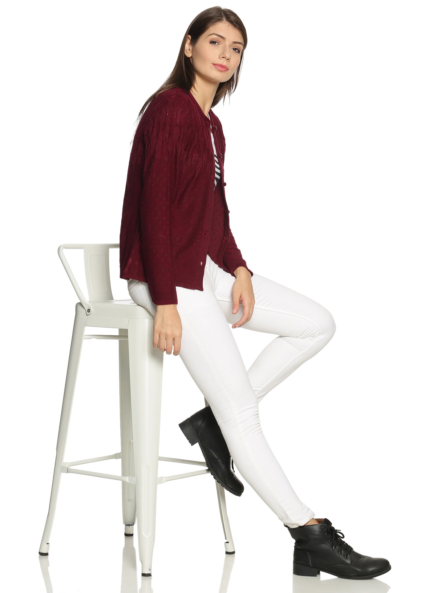 Wool Blend Round Neck Maroon cardigan