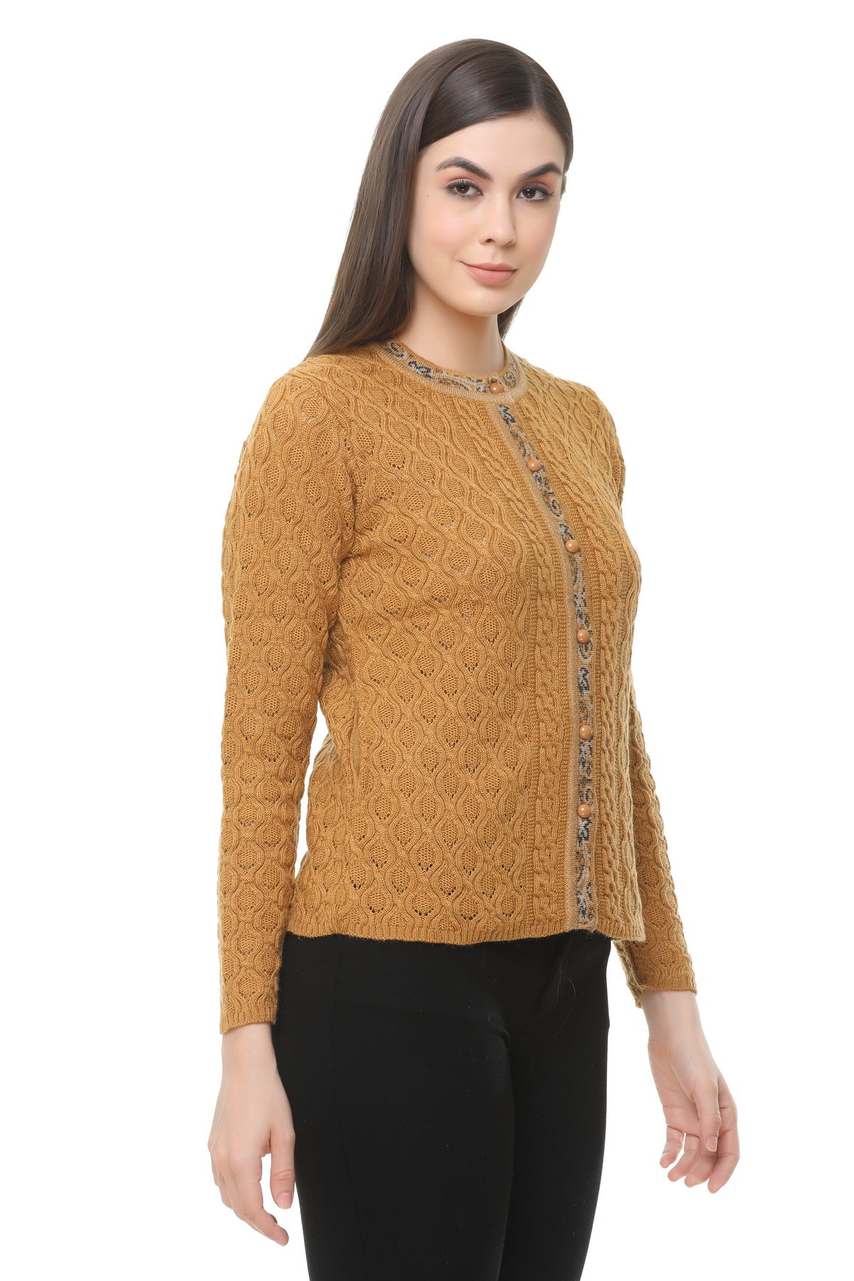 Wool Blend Round Neck Gold cardigan