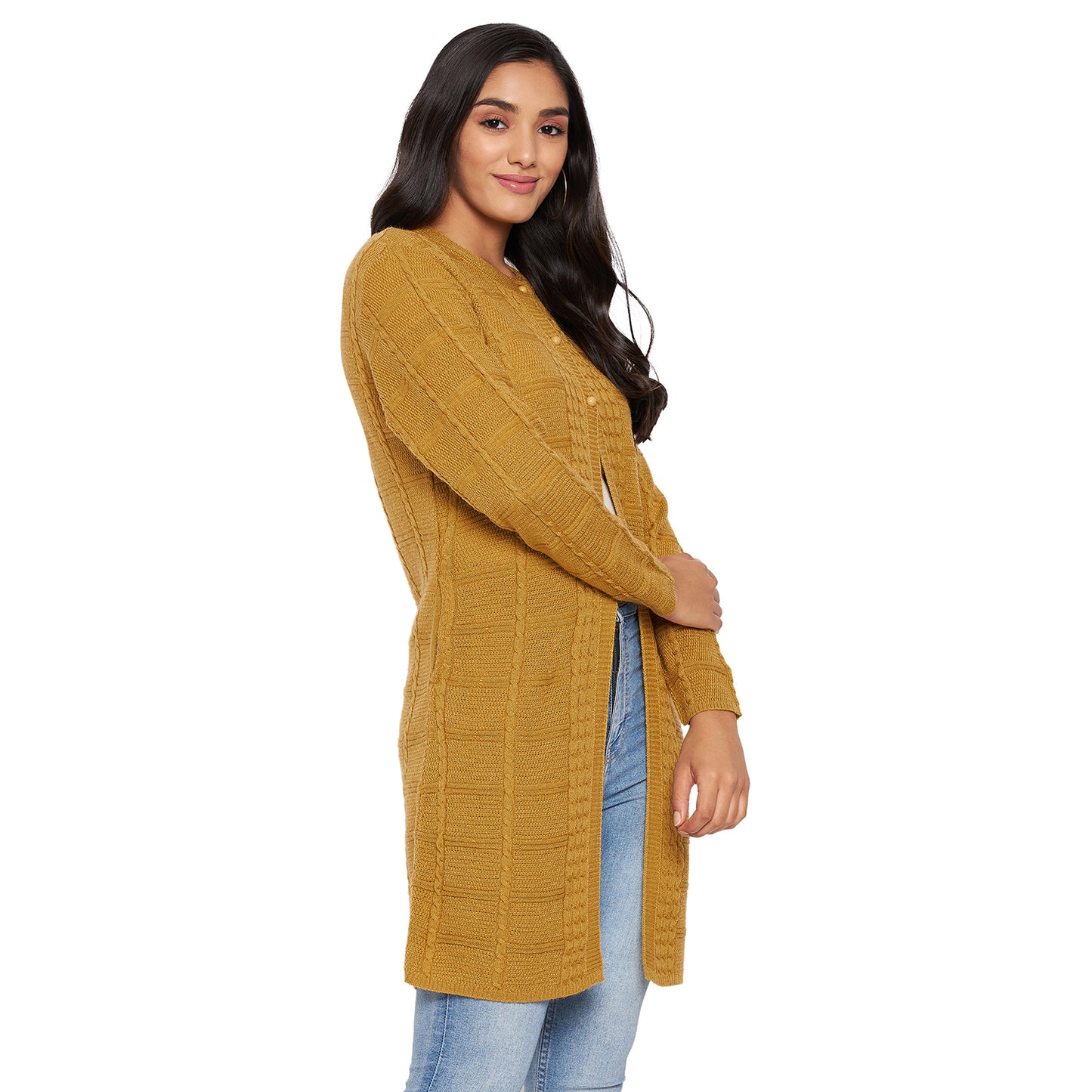 Wool Blend Round Neck Gold Long Shrug