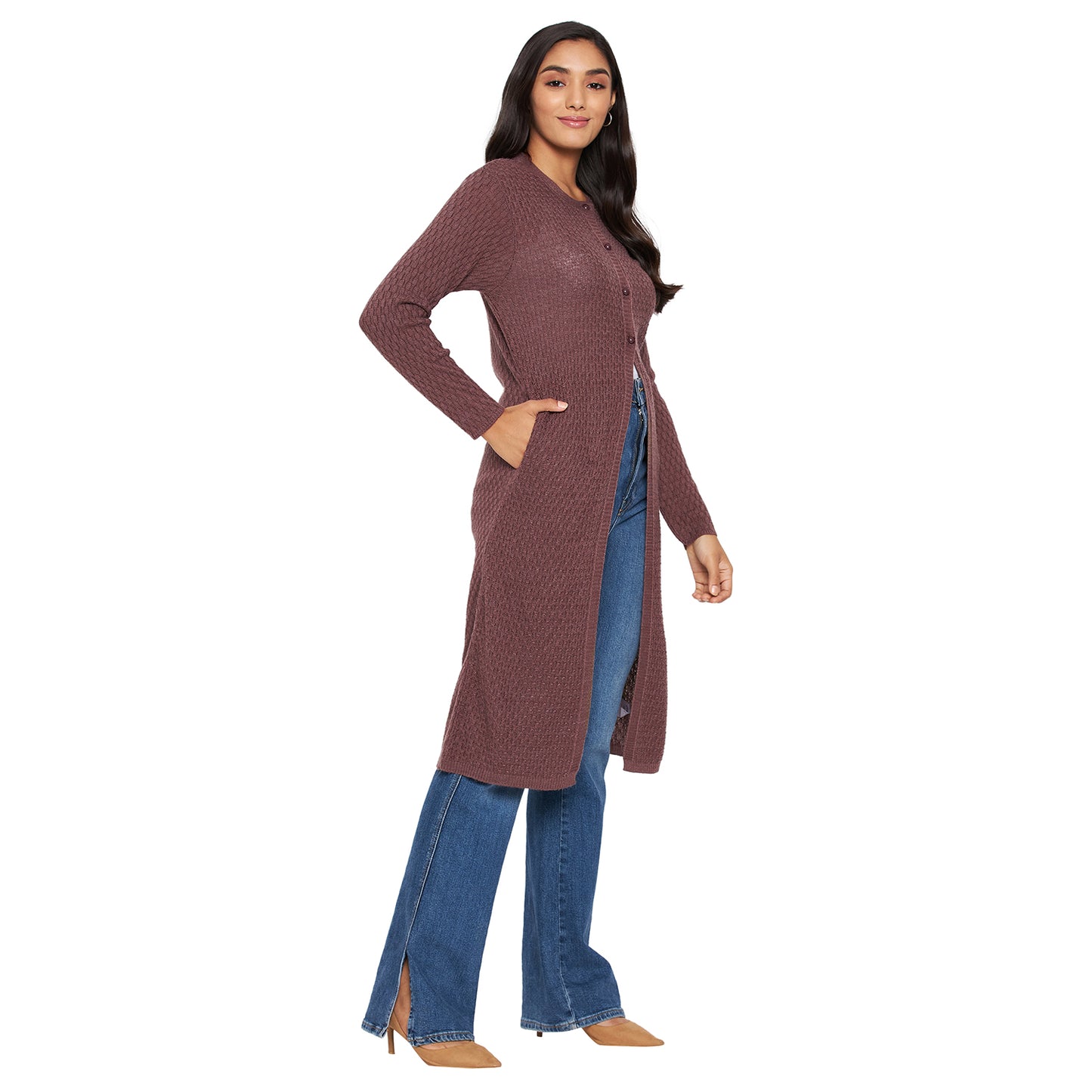 Wool Blend Round Neck Brown Extra long Shrug