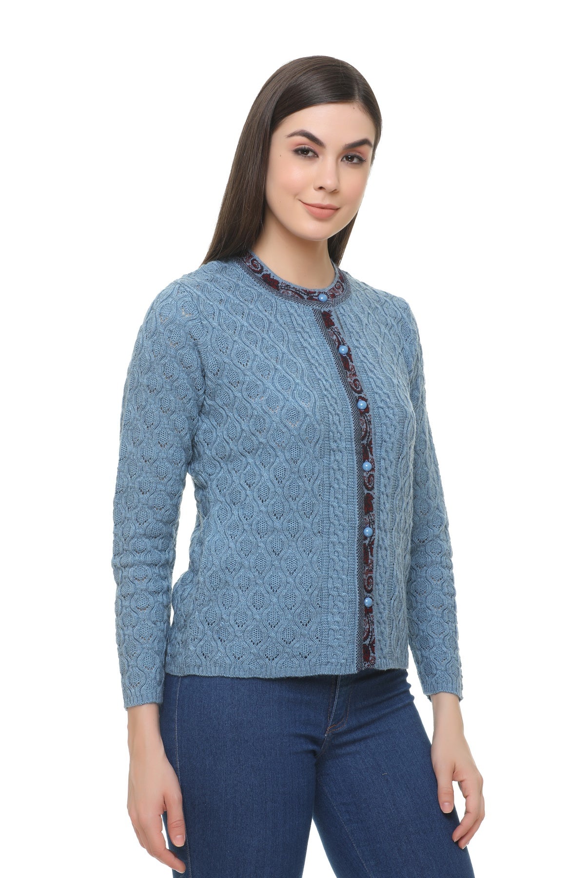 Wool Blend Round Neck Denim cardigan