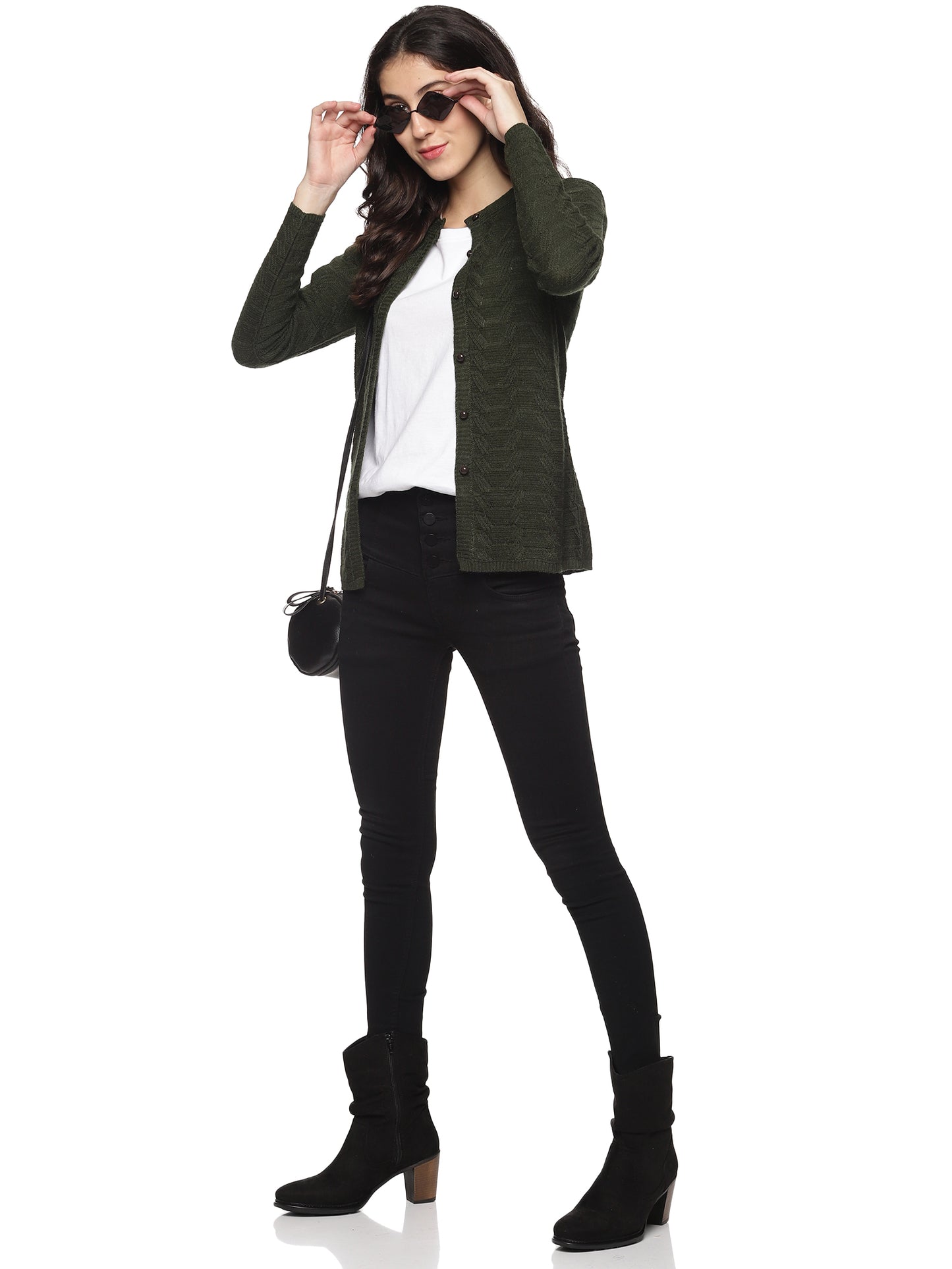 Wool Blend Round Neck Green Cardigans