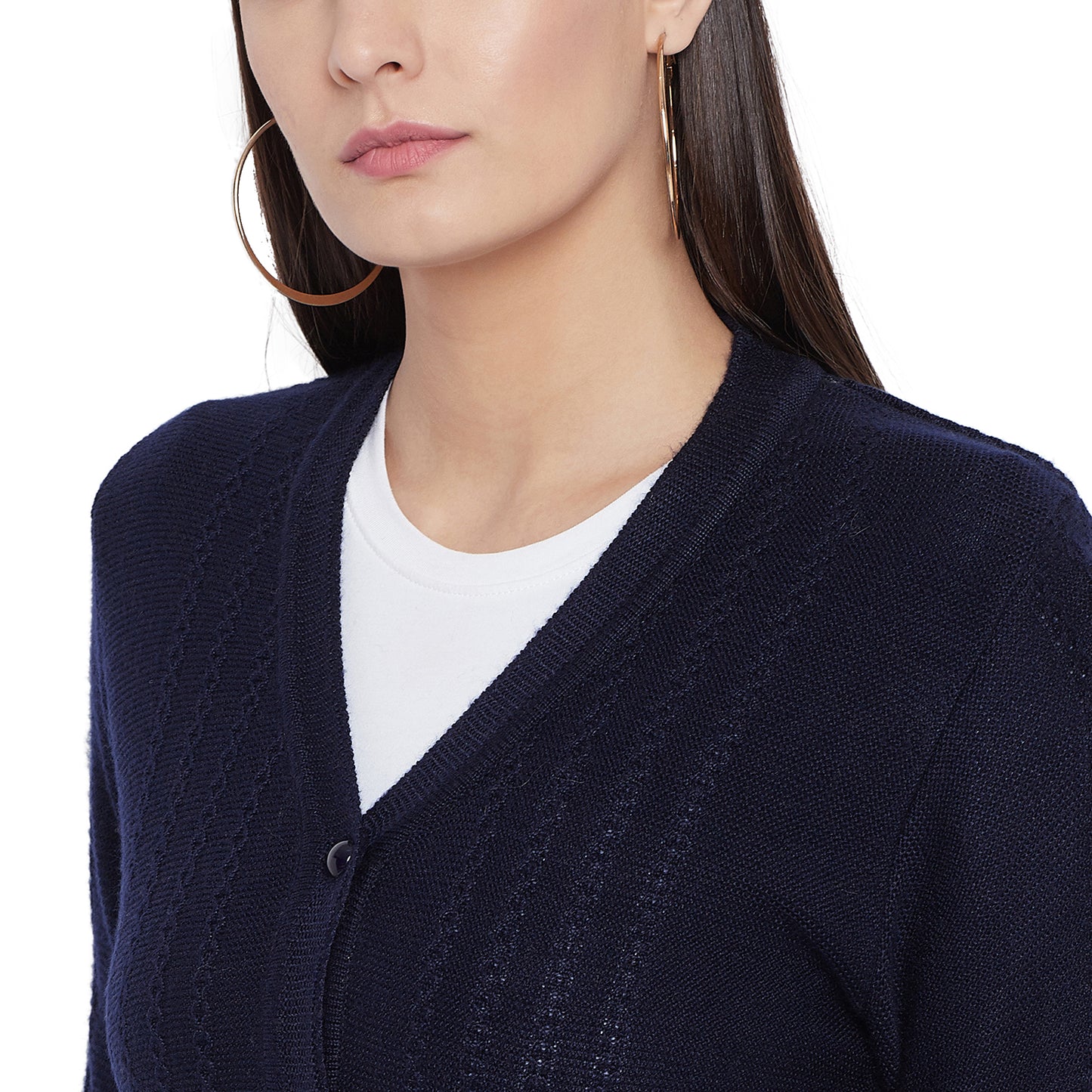 Wool Blend Round Neck Navy Cardigans