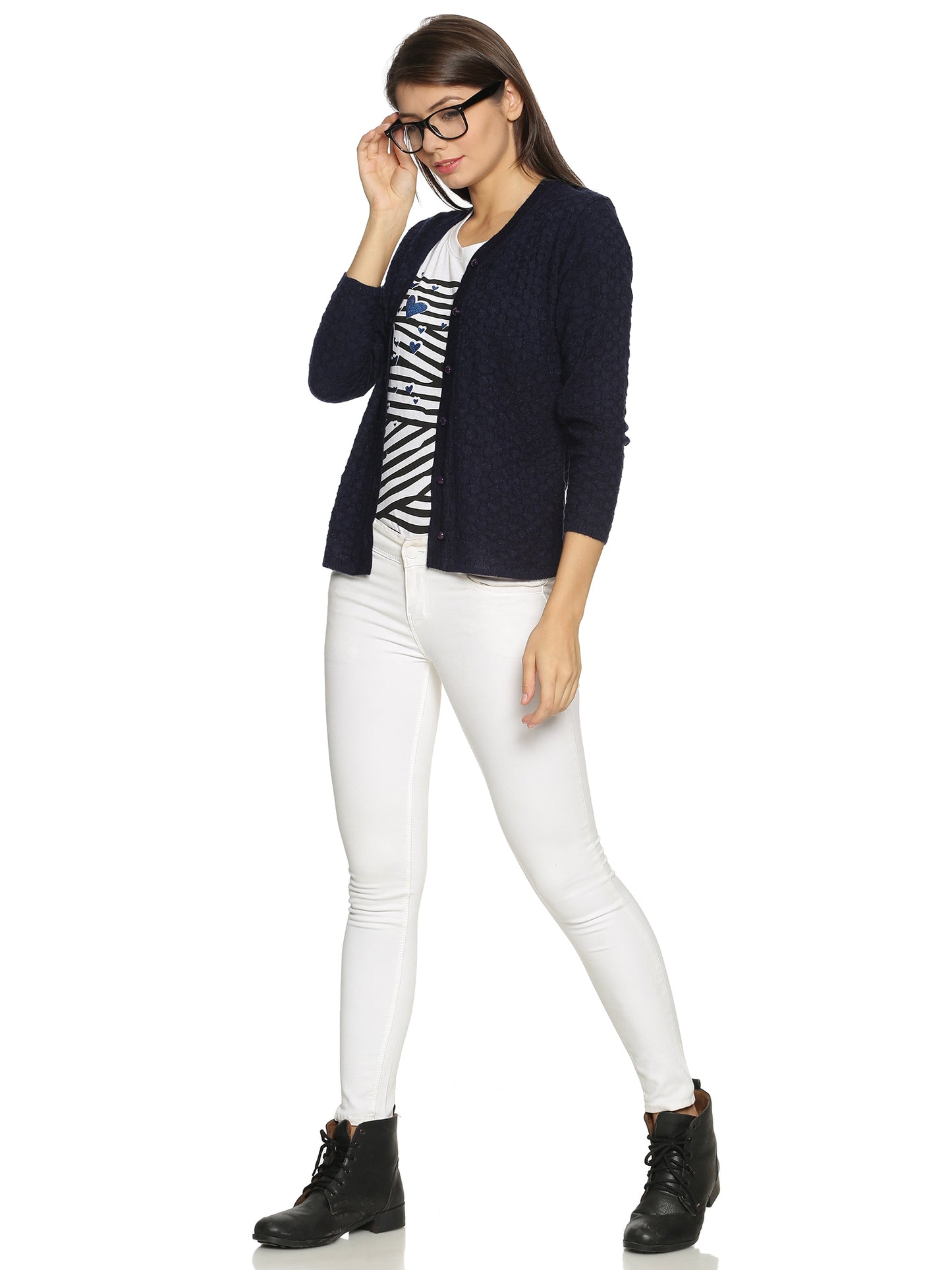 Wool Blend V Neck Dark Navy Cardigans