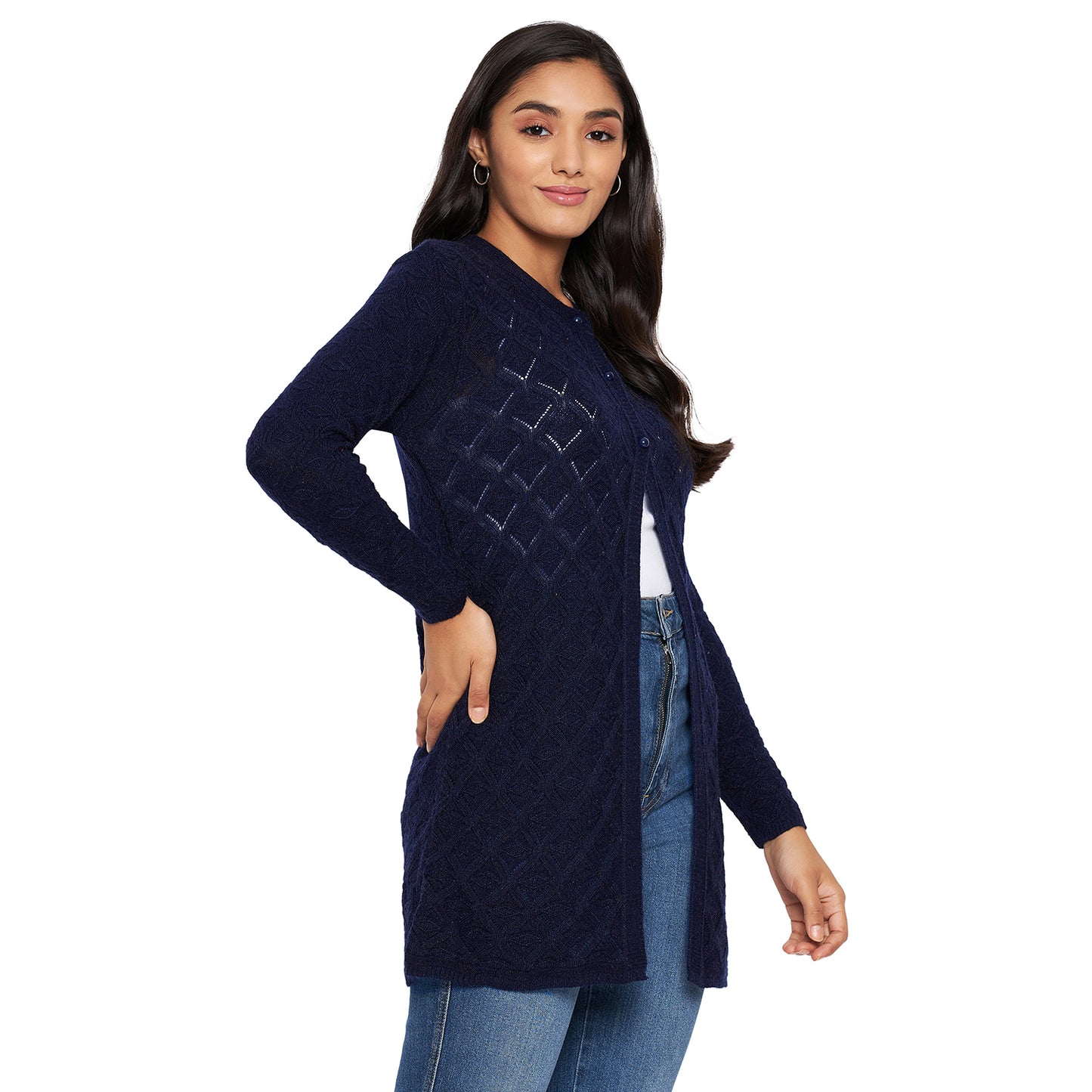 Wool Blend Round Neck Navy Long Shrug