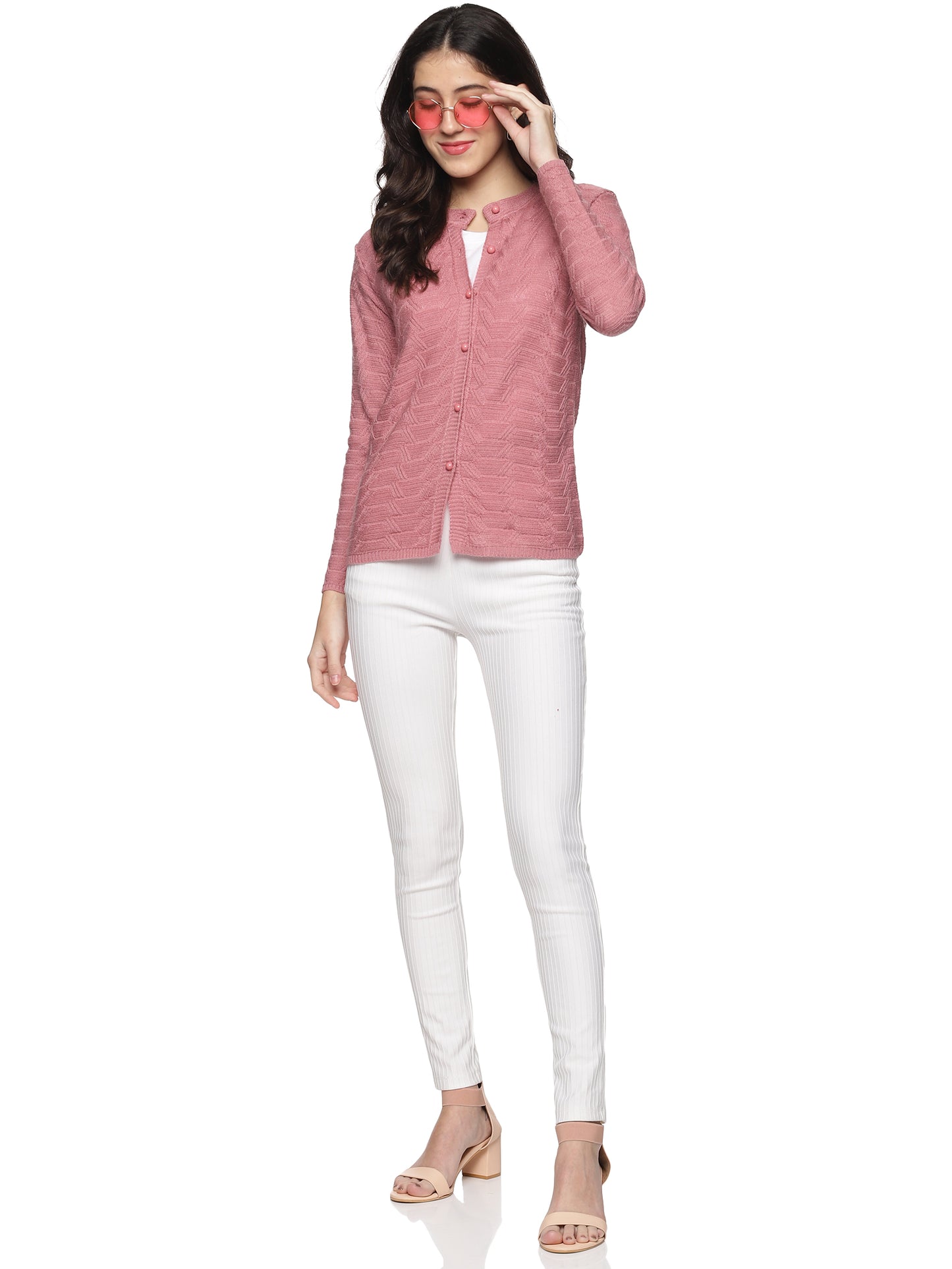 Wool Blend Round Neck Peach Cardigans