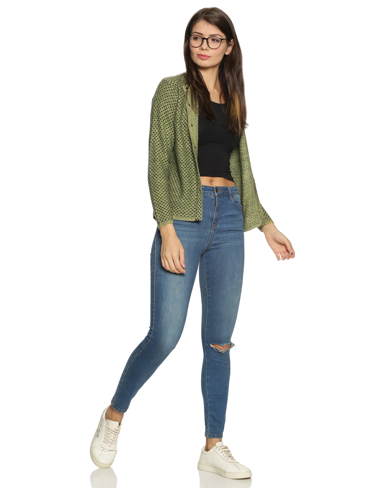Wool Blend Round Neck Green Cardigans