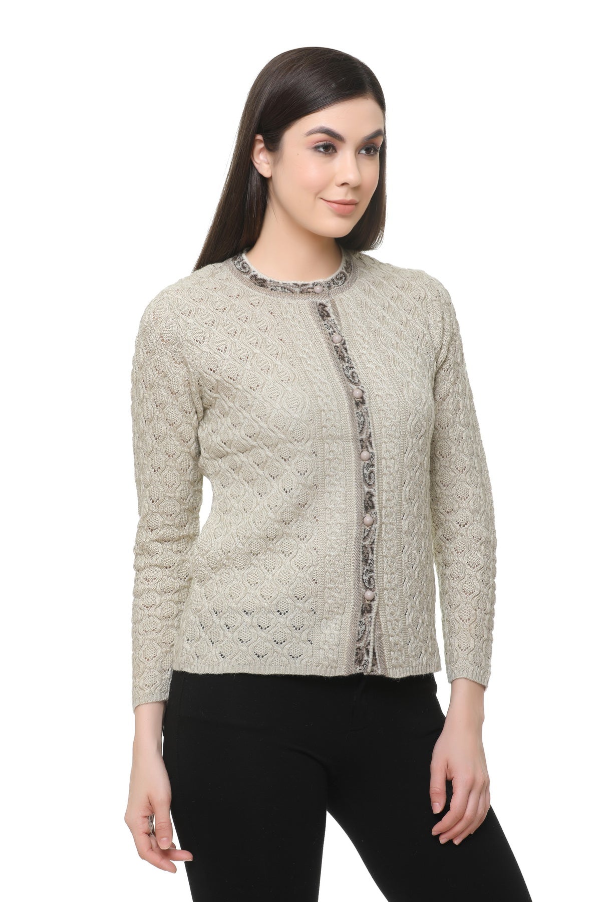 Wool Blend Round Neck Beige cardigan
