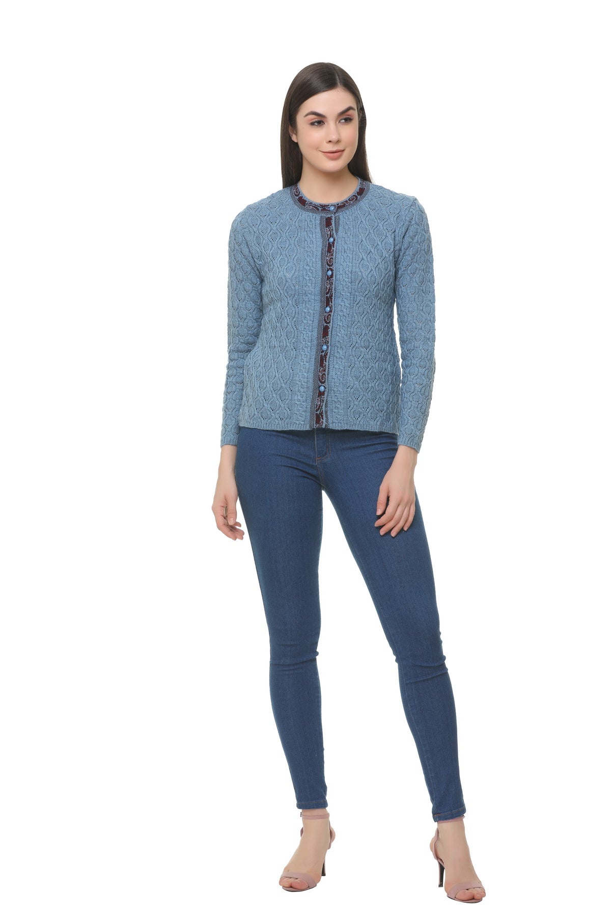 Wool Blend Round Neck Denim cardigan