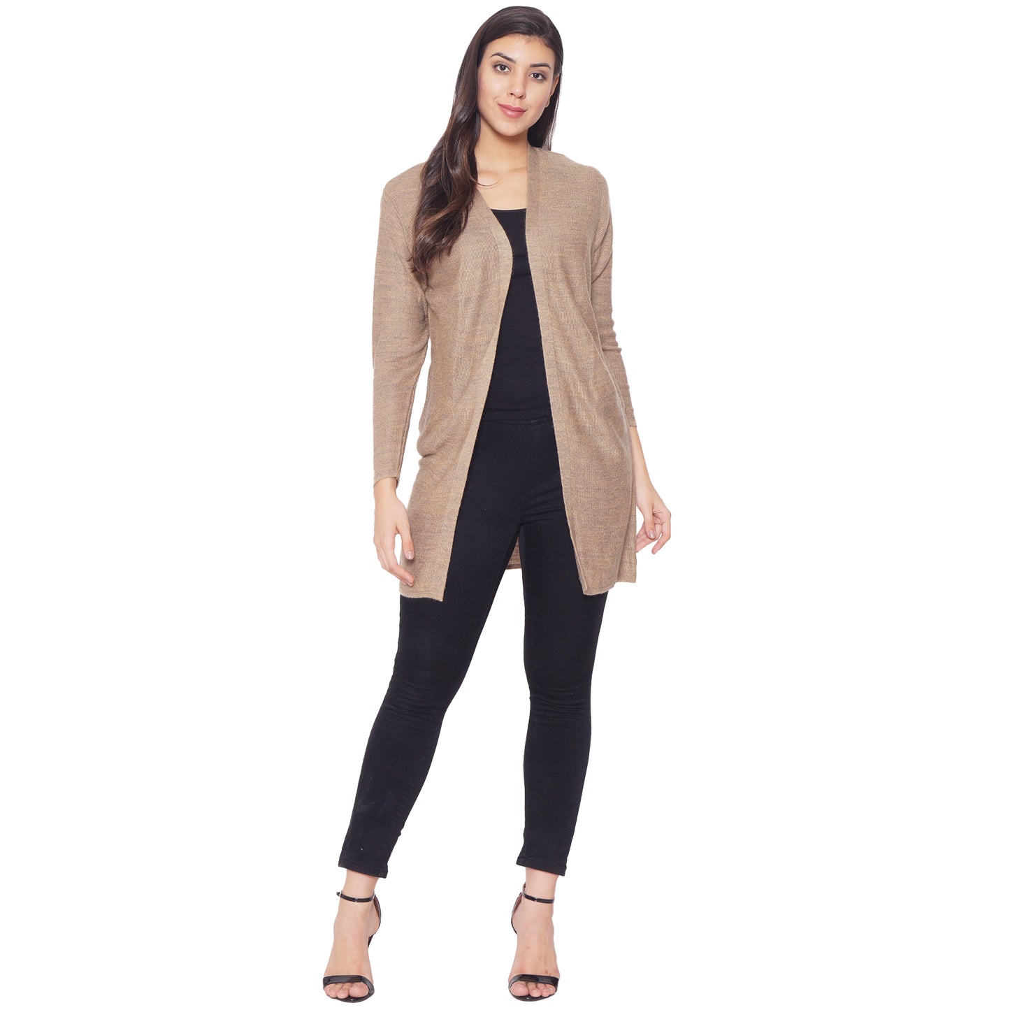Wool Blend Round Neck Camel Long Shrug