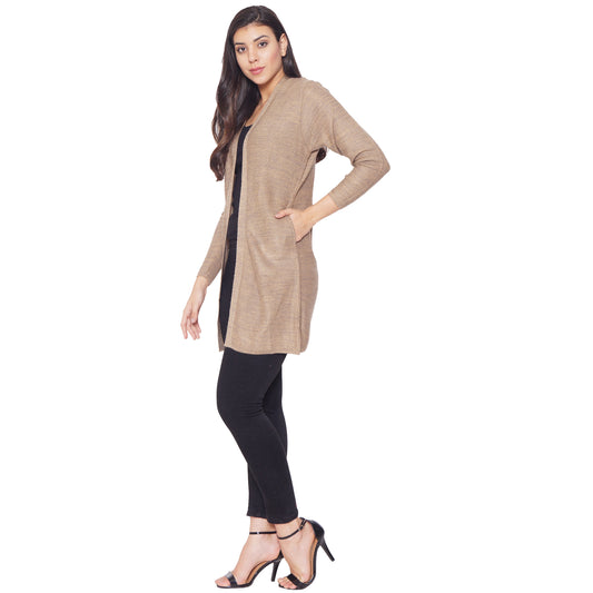 Wool Blend Round Neck Camel Long Shrug