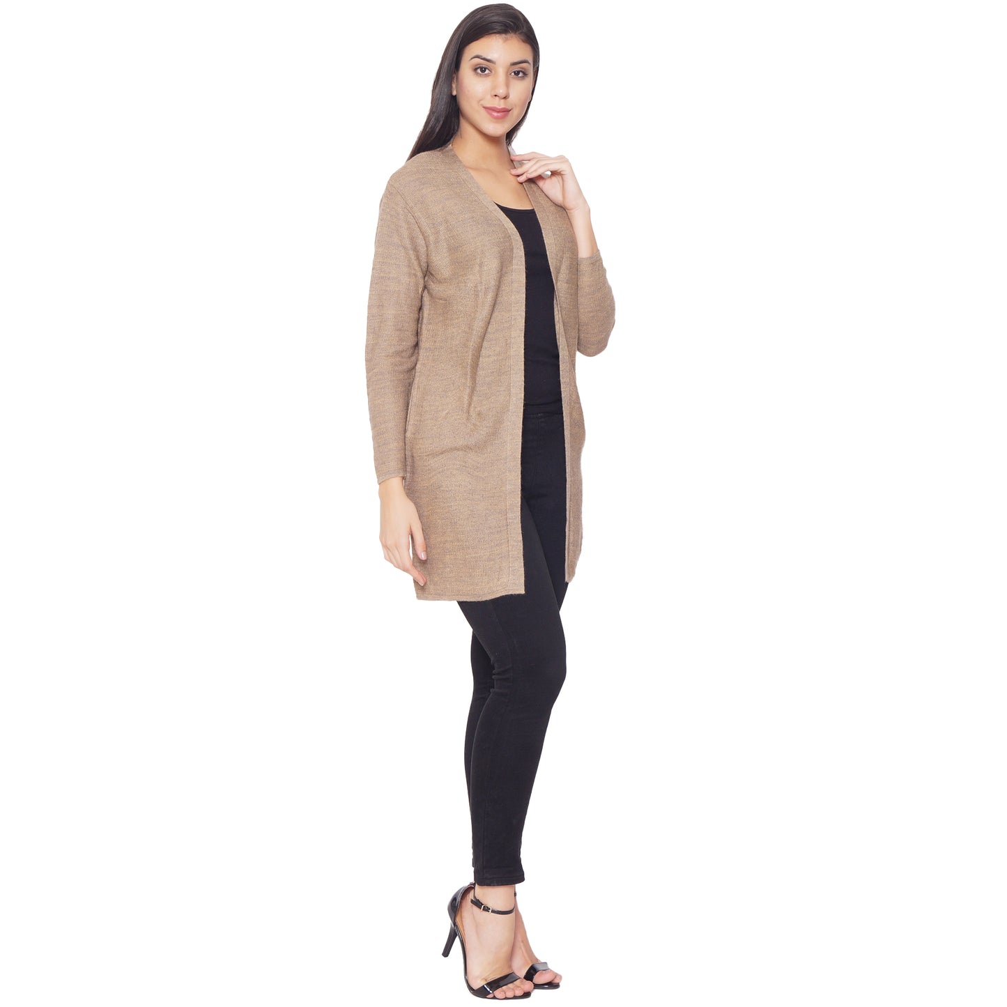 Wool Blend Round Neck Camel Long Shrug