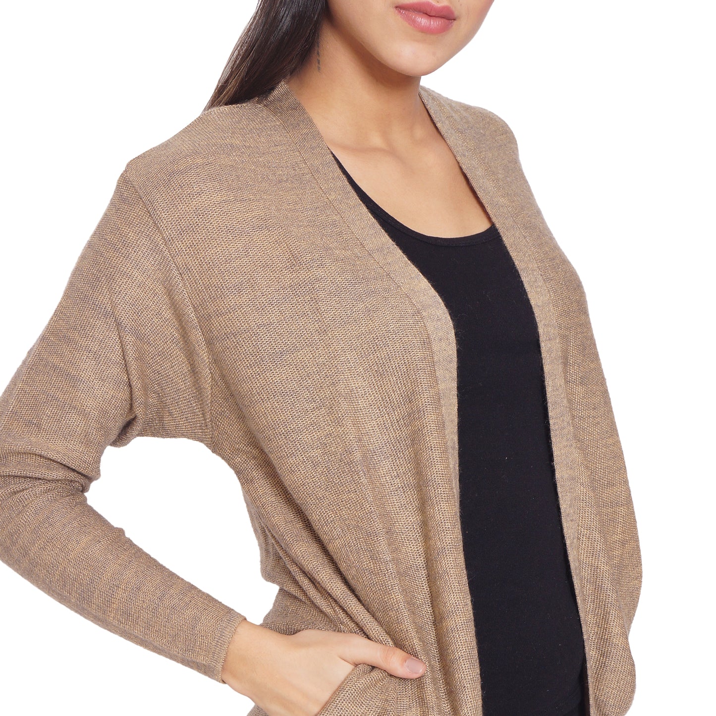 Wool Blend Round Neck Camel Long Shrug