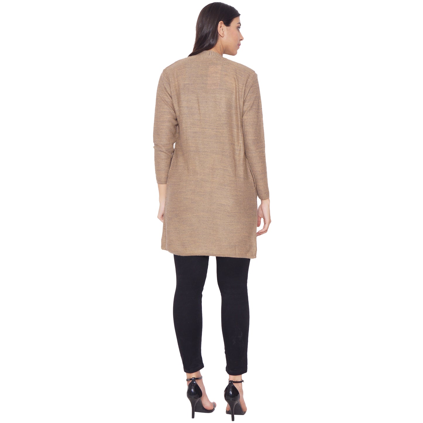 Wool Blend Round Neck Camel Long Shrug