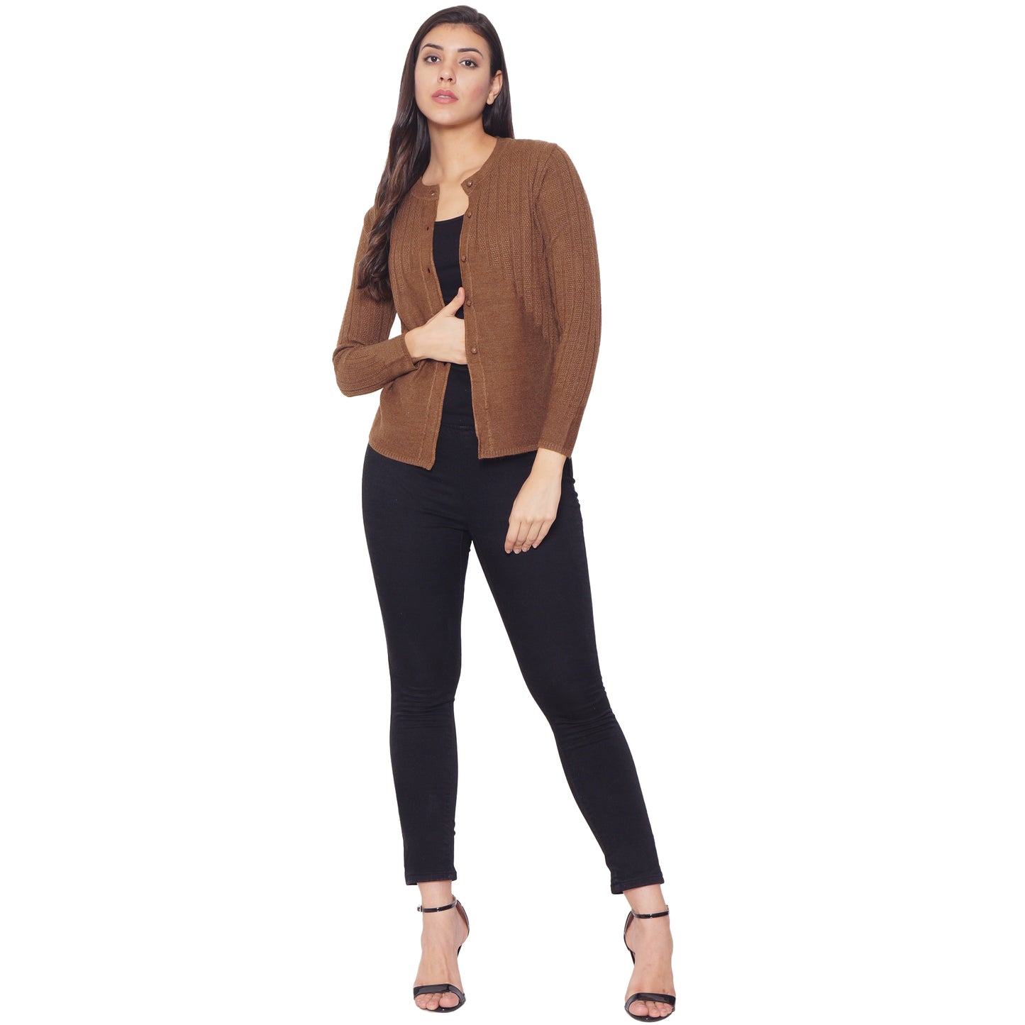 Wool Blend Round Neck Brown cardigan