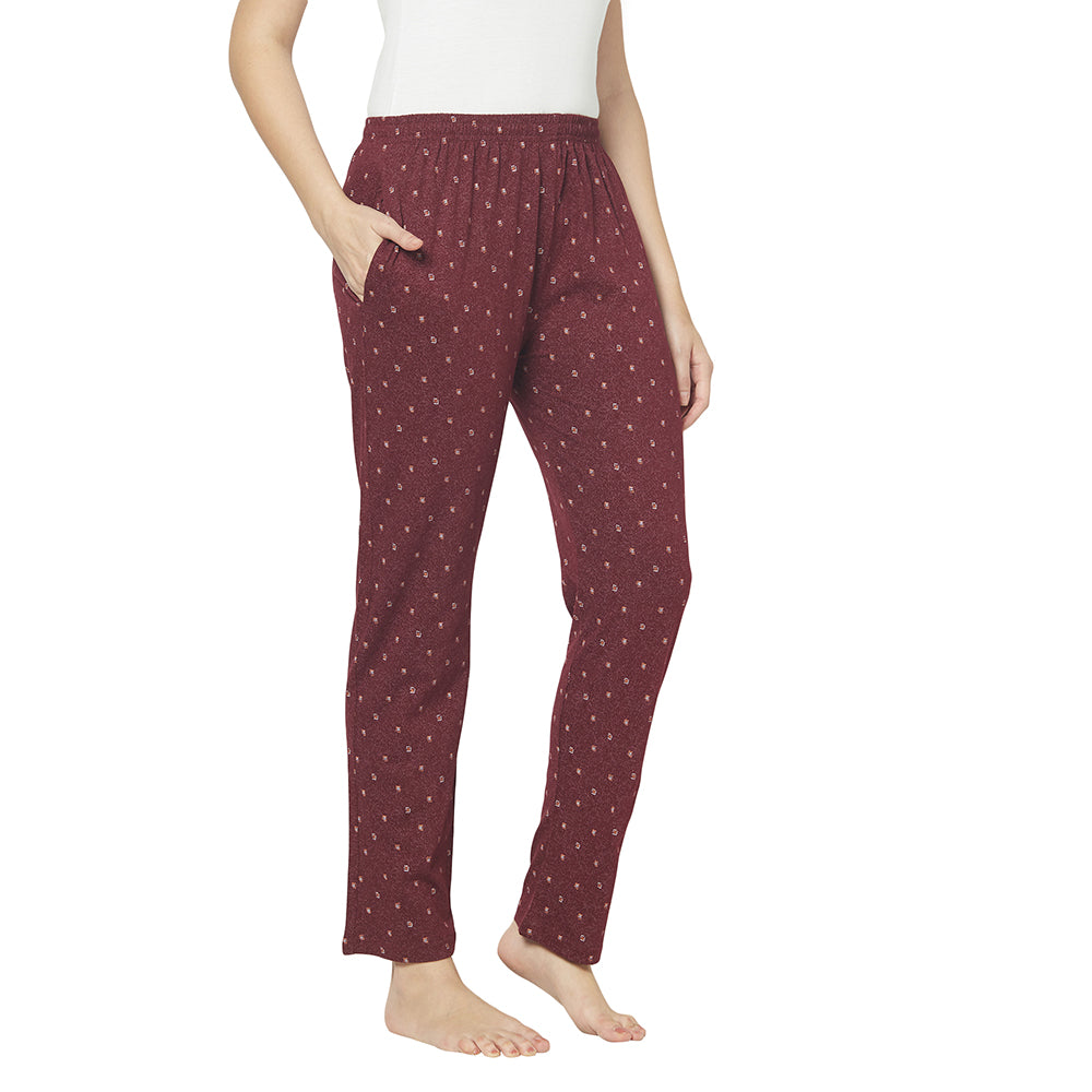 Women's Cotton Blend Solid Printed Maroon Pajama