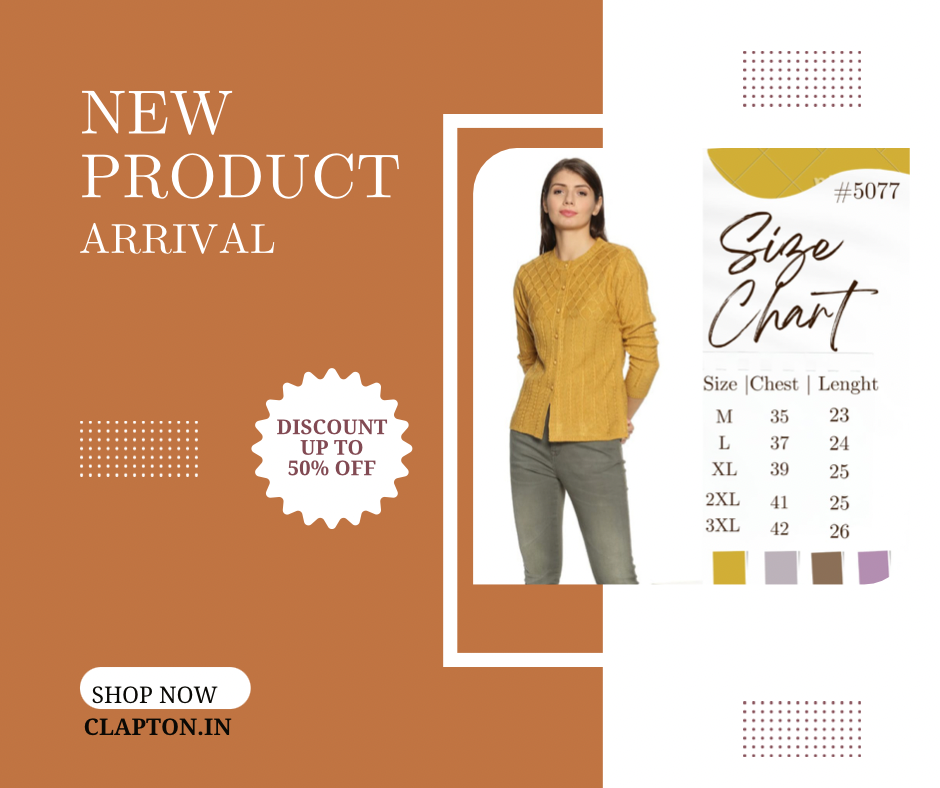 New product arrival offering winter wear cardigan for women with size chart and discount details.
