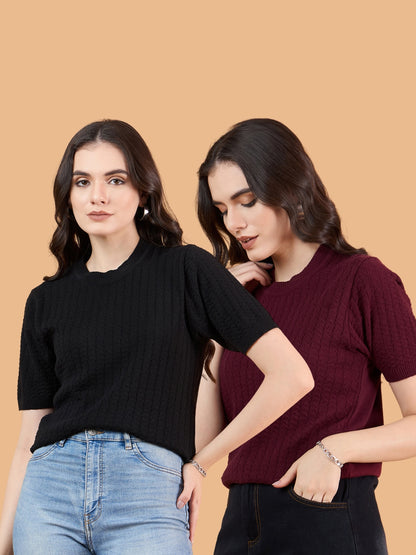 CLAPTON Women Knitted Round Neck T-shirt Combo Of 2 Black and Maroon