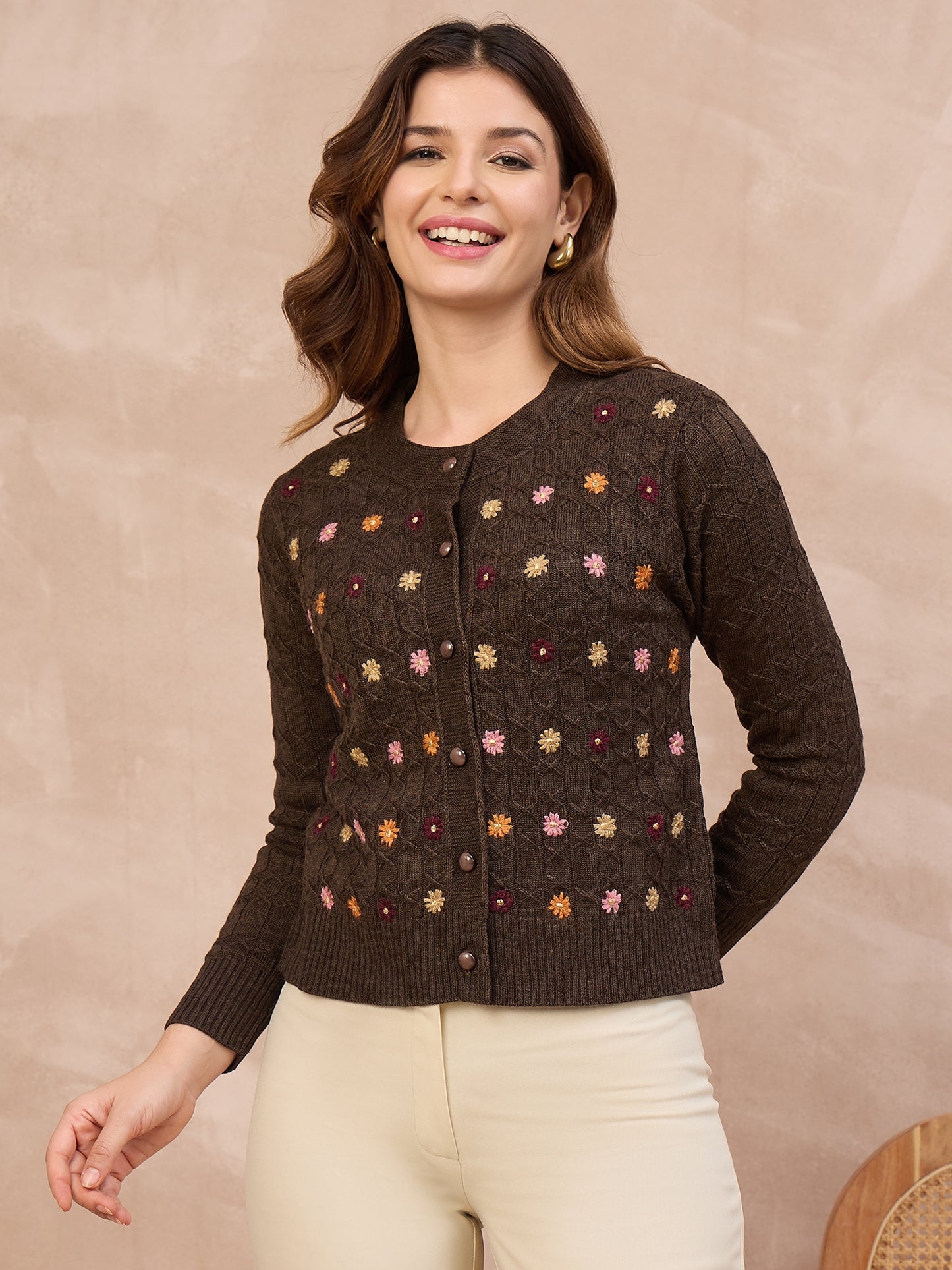 Floral Embroidered Honeycomb Cable-Knit Cardigan Brown coffee