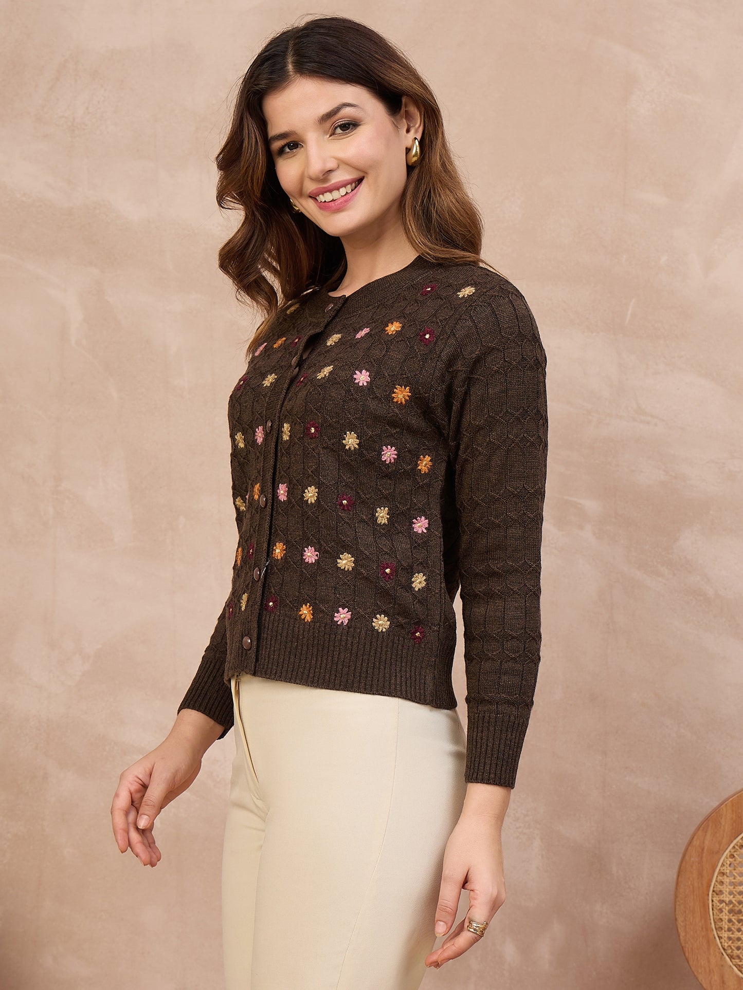 Floral Embroidered Honeycomb Cable-Knit Cardigan Brown coffee
