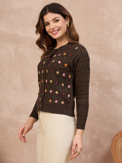 Floral Embroidered Honeycomb Cable-Knit Cardigan Brown coffee