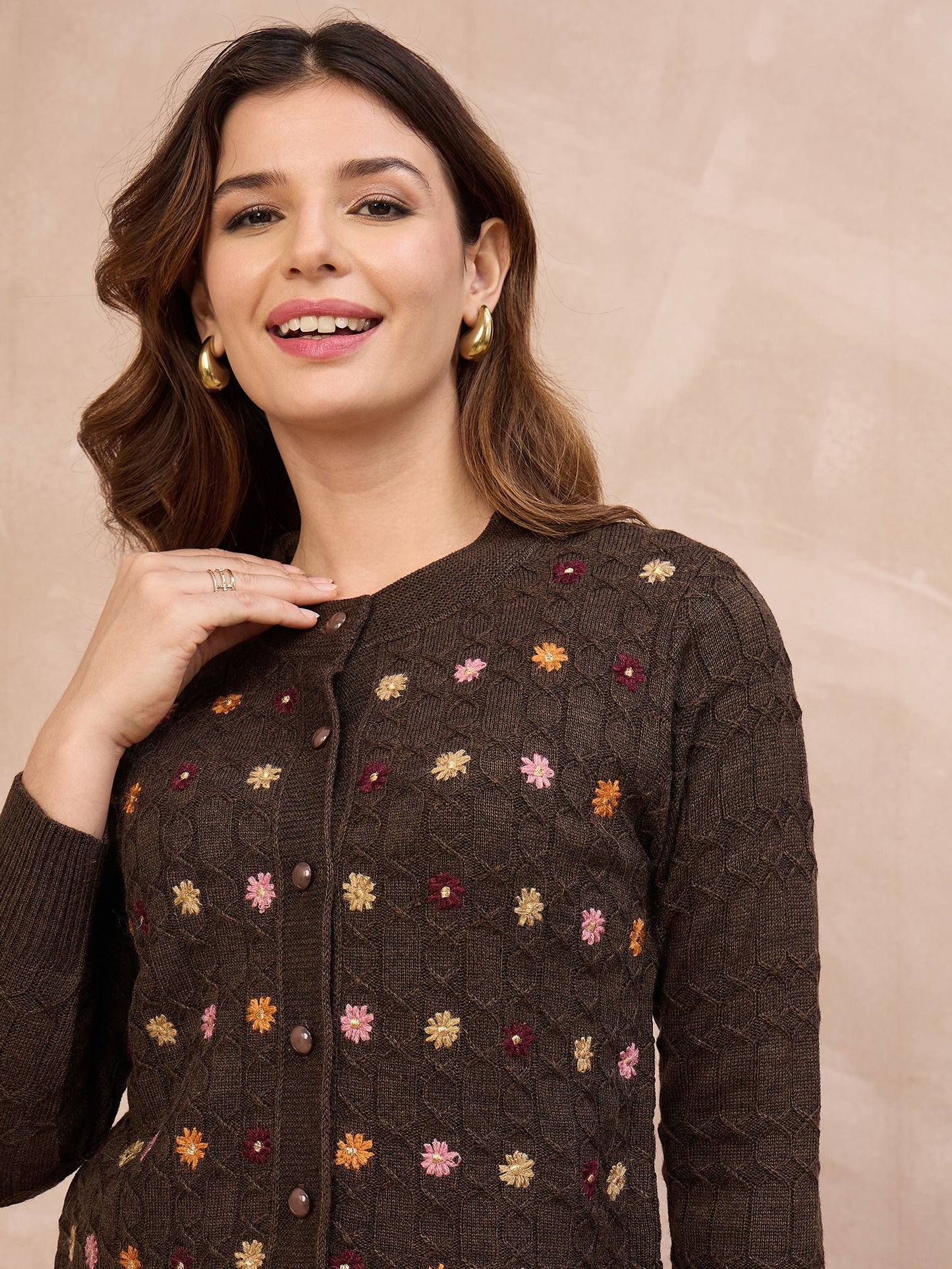 Floral Embroidered Honeycomb Cable-Knit Cardigan Brown coffee