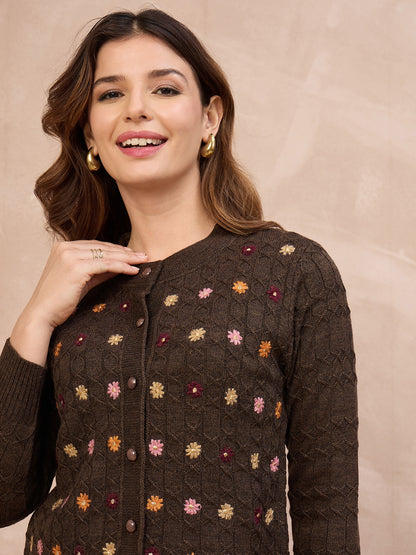 Floral Embroidered Honeycomb Cable-Knit Cardigan Brown coffee