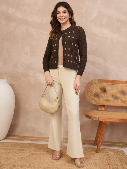 Floral Embroidered Honeycomb Cable-Knit Cardigan Brown coffee