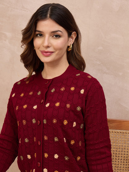 Floral Embroidered Honeycomb Cable-Knit Cardigan