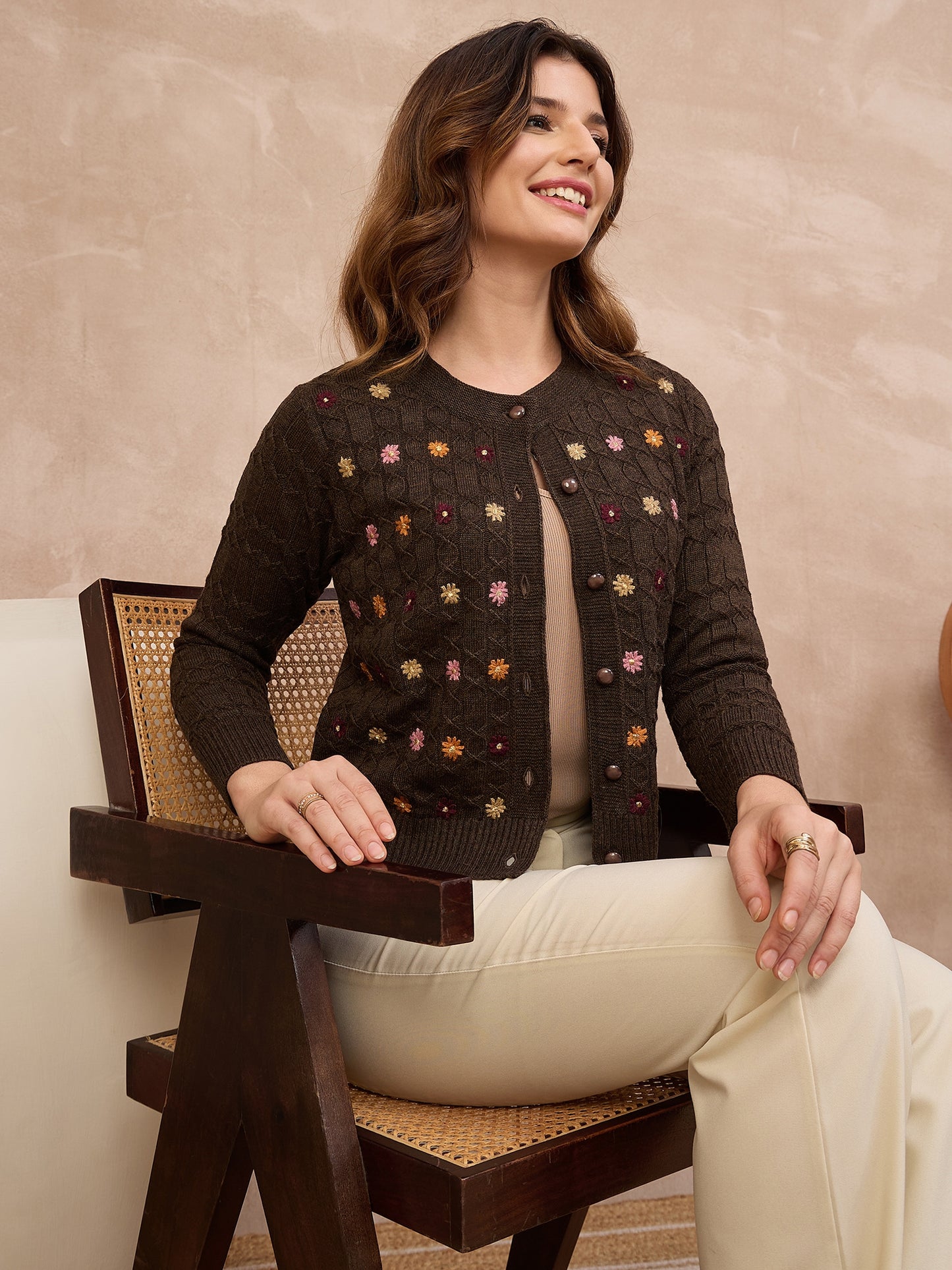 Floral Embroidered Honeycomb Cable-Knit Cardigan Brown coffee
