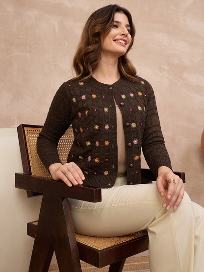 Floral Embroidered Honeycomb Cable-Knit Cardigan Brown coffee