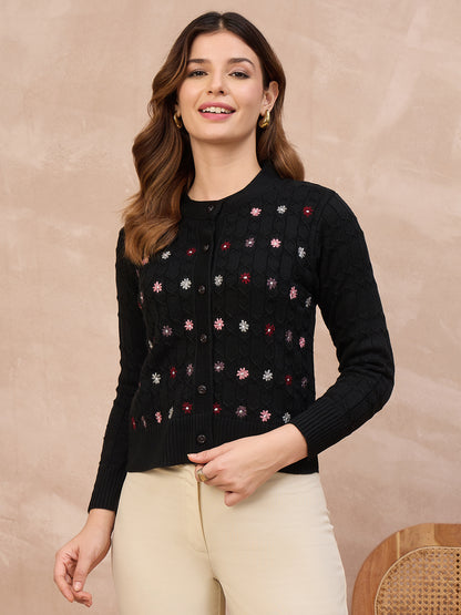 Floral Embroidered Honeycomb Cable-Knit Cardigan BLACK