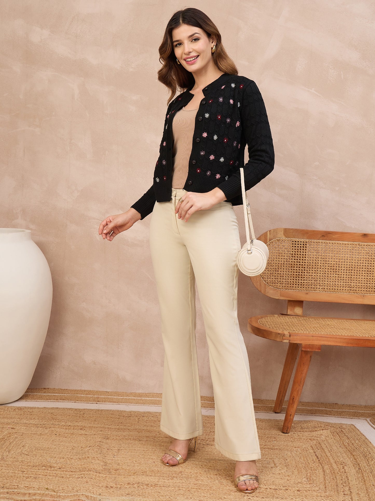 Floral Embroidered Honeycomb Cable-Knit Cardigan BLACK