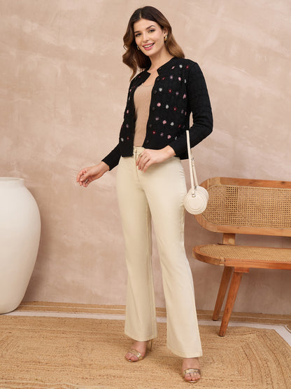 Floral Embroidered Honeycomb Cable-Knit Cardigan BLACK