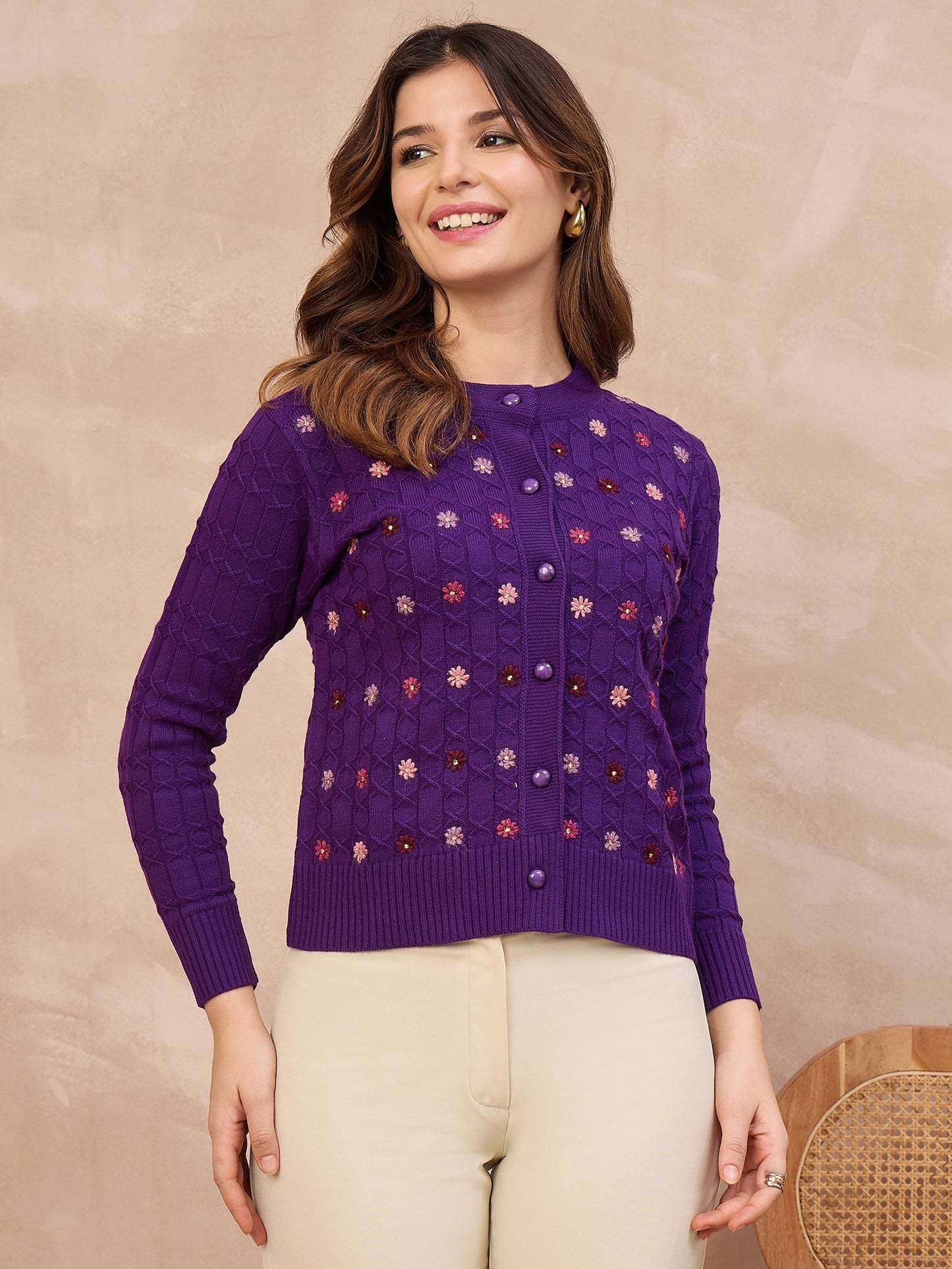 Floral Embroidered Honeycomb Cable-Knit Cardigan Purple
