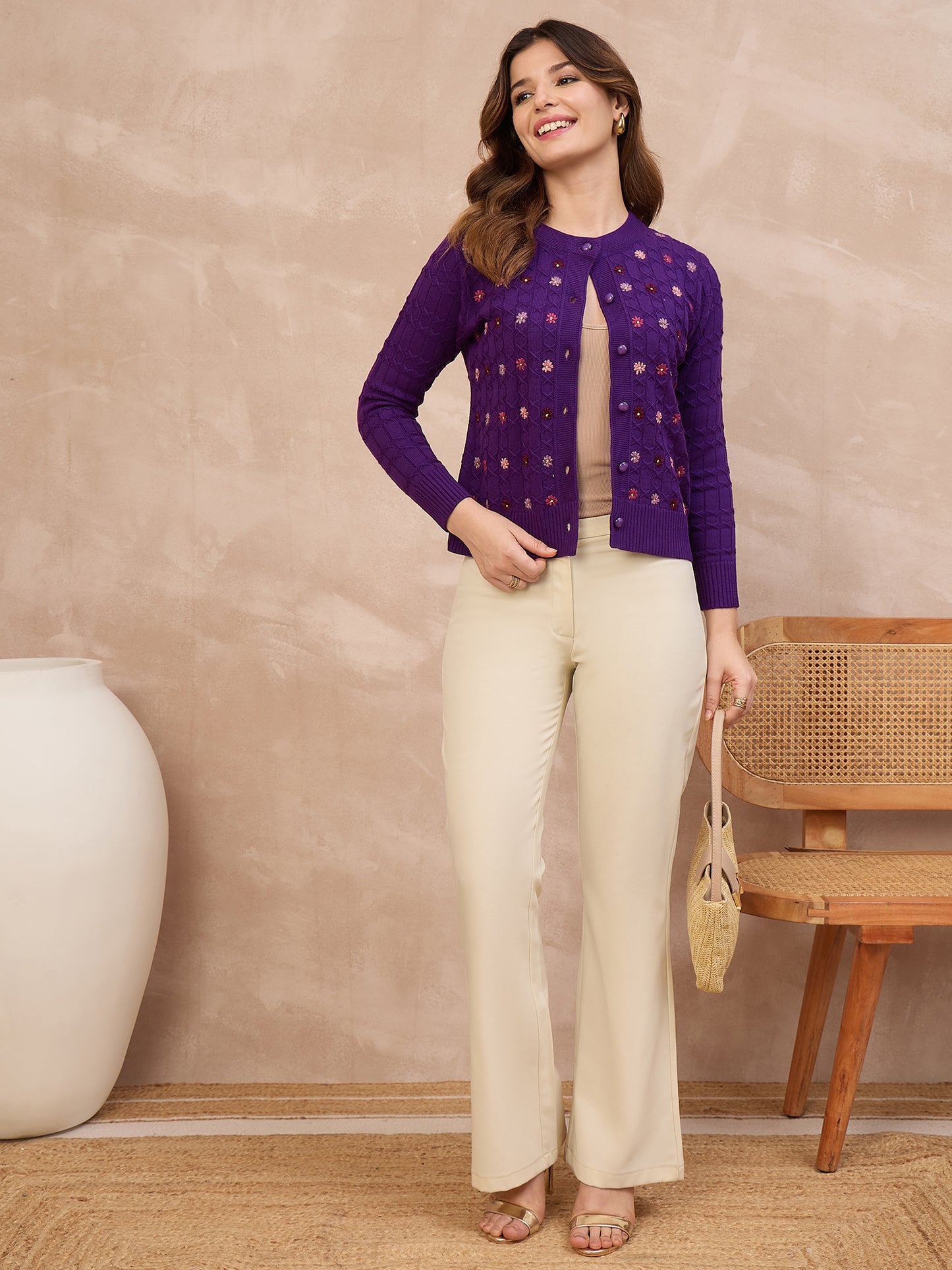 Floral Embroidered Honeycomb Cable-Knit Cardigan Purple