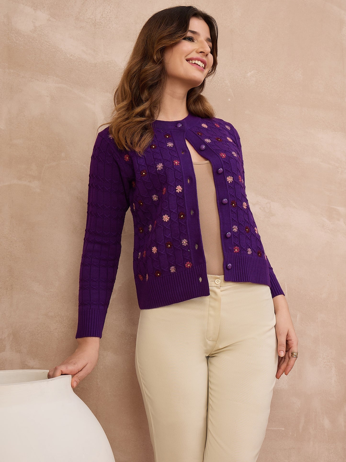 Floral Embroidered Honeycomb Cable-Knit Cardigan Purple