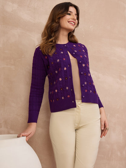 Floral Embroidered Honeycomb Cable-Knit Cardigan Purple