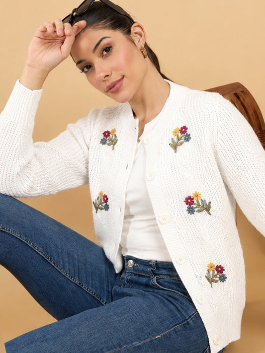 CLAPTON Women's WHITE Knitted Floral Embroidered Cardigan