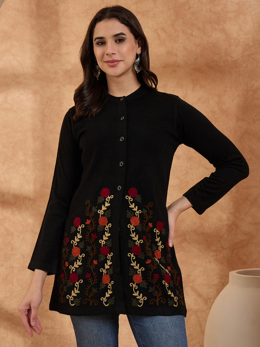 Women's Black Floral Embroidered Long Cardigan, Button-Front, Round Neck, Full Sleeves