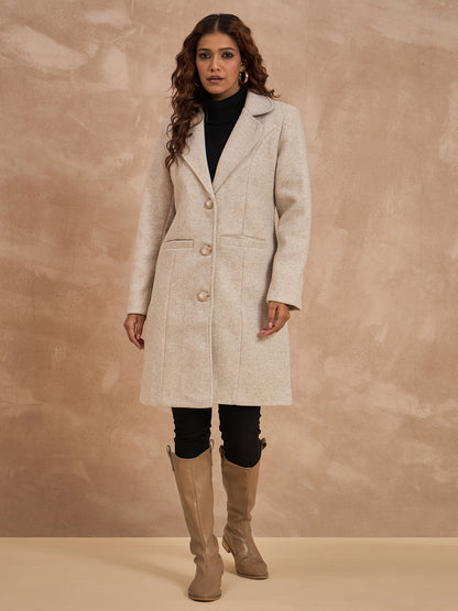 Clapton Women’S Wool Blend Long Winter Coat Beige – Classic Button Closure & Lapel Collar