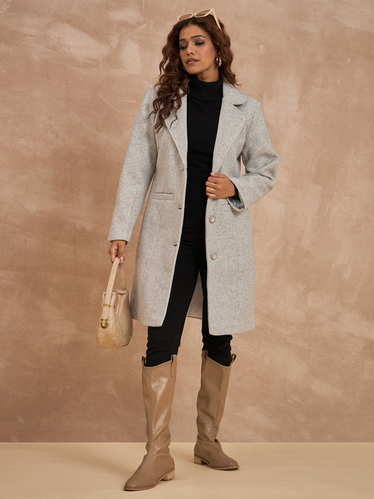 Clapton Women’S Wool Blend Long Winter Coat Grey – Classic Button Closure & Lapel Collar