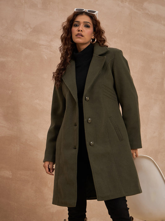 Clapton Women’S Wool Blend Long Winter Coat Olive – Classic Button Closure & Lapel Collar
