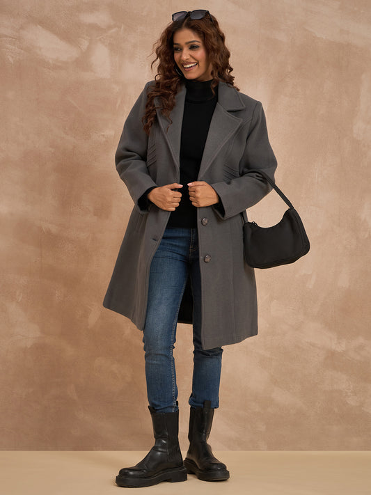 Clapton Women’S Wool Blend Long Winter Coat Grey – Classic Button Closure & Lapel Collar