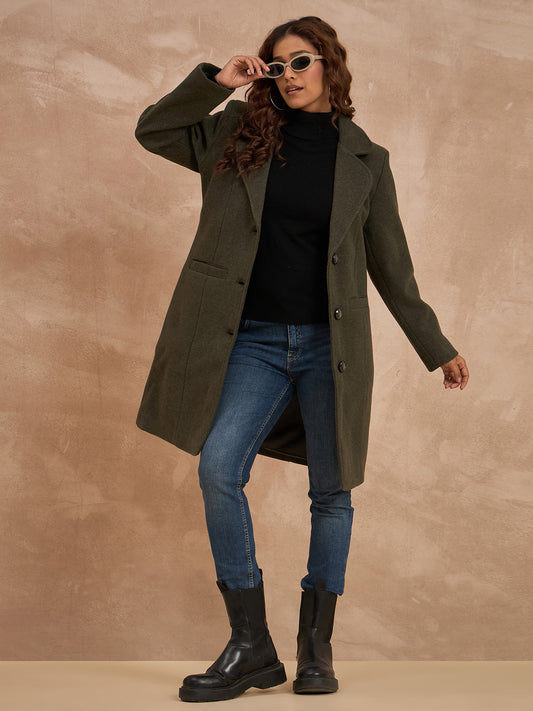 Clapton Women’S Wool Blend Long Winter Coat Green – Classic Button Closure & Lapel Collar