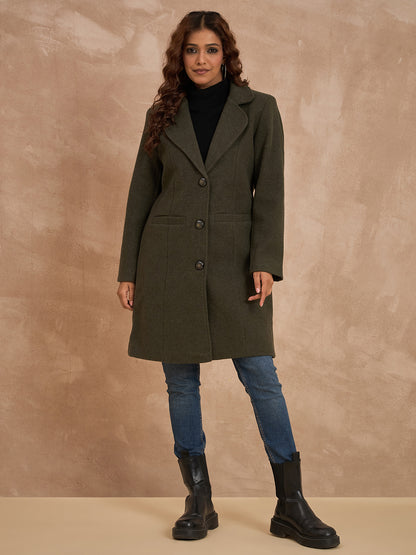 Clapton Women’S Wool Blend Long Winter Coat Green – Classic Button Closure & Lapel Collar