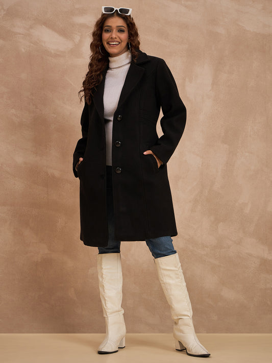 Clapton Women’S Wool Blend Long Winter Coat Black – Classic Button Closure & Lapel Collar